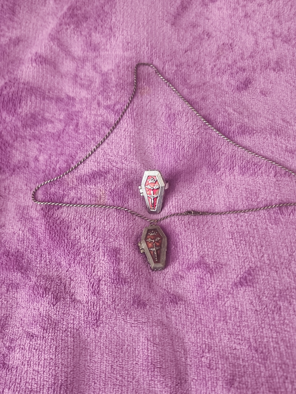 Silver Coffin Locket Necklace with Red Enamel Cross